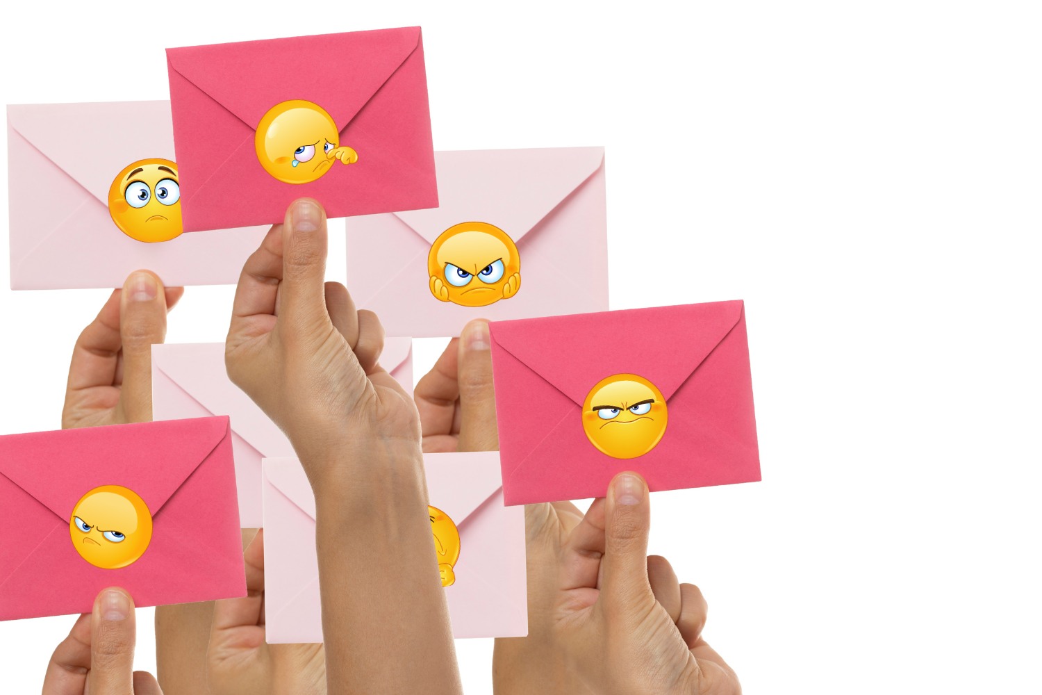 Lots of hands holding light pink and dark pink envelopes. Each envelope contains a sad or angry smiley