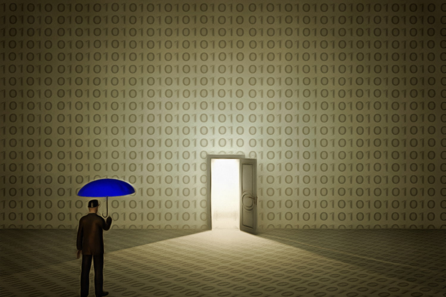 Person with a blue umbrella walks to a backdoor in a wall made of numbers 0 and 1