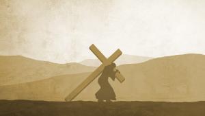 Illustration of Jesus carrying cross down the road.