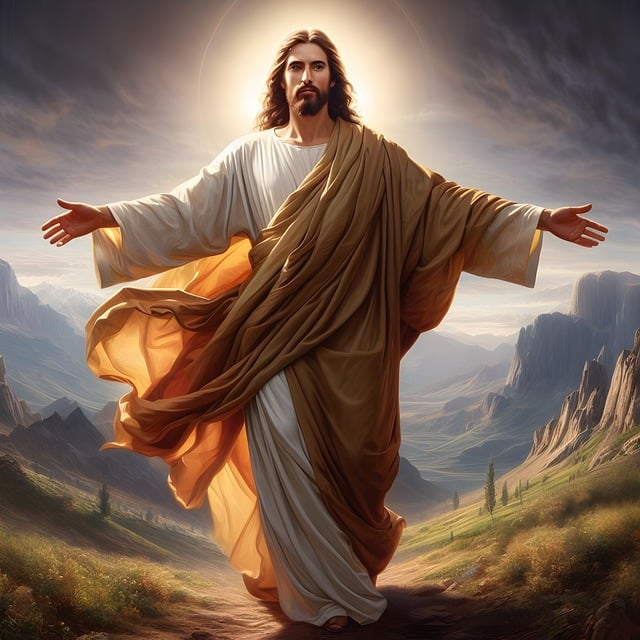 Jesus standing with outstretched arms wearing a flowing robe