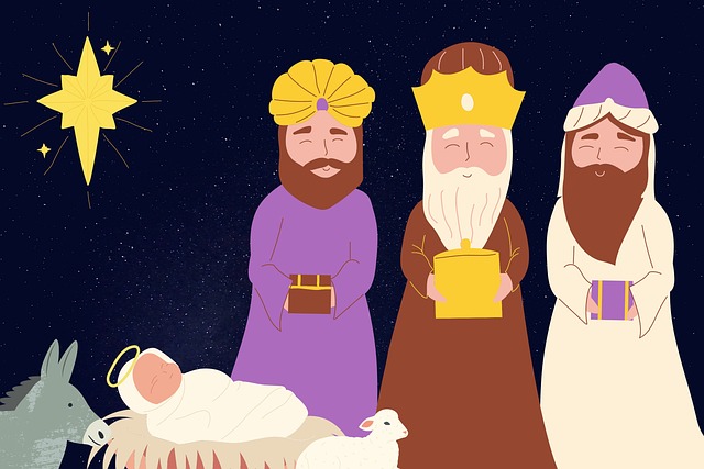 The Magi stand by Baby Jesus in the manger with their three gifts