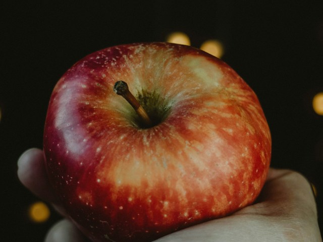 A red apple is held in the palm of someone's hand