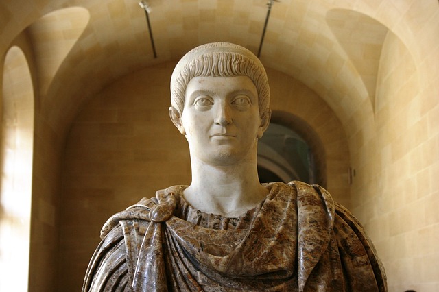 View of statue of Emperor Constantine from mid-chest up