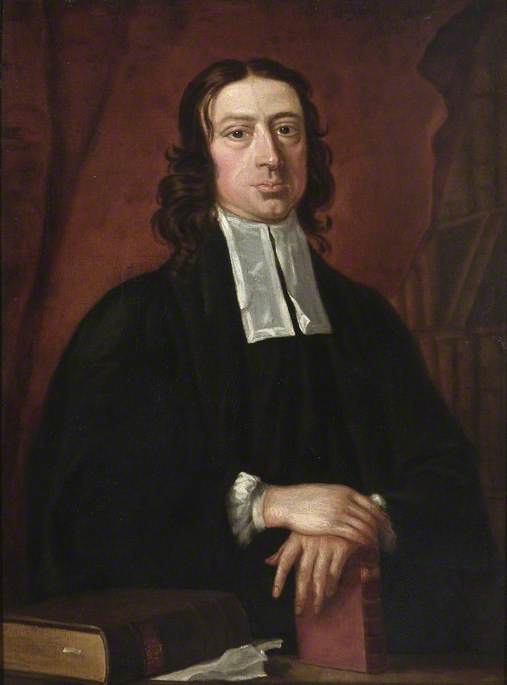 Portrait of man in clerical garb with long hair, white collar, and black robe