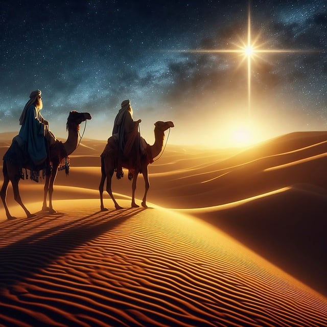 Illustration of two wise mean on camels in the desert following the Star of Bethlehem