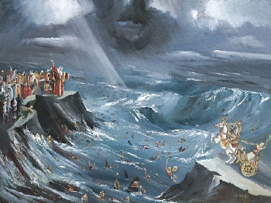 Moses and the Israelites look down on the Egyptians and their horses drowning in the Red Sea