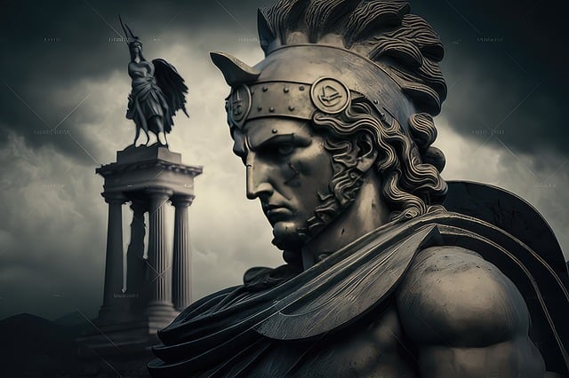 Image of statue of Alexander the great with a memorial on the left side