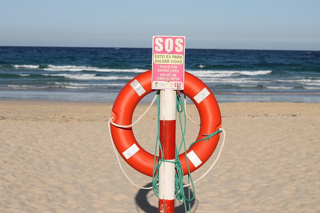 Beach scene with a post holding an orange and white life preserver and having sign saying SOS on top