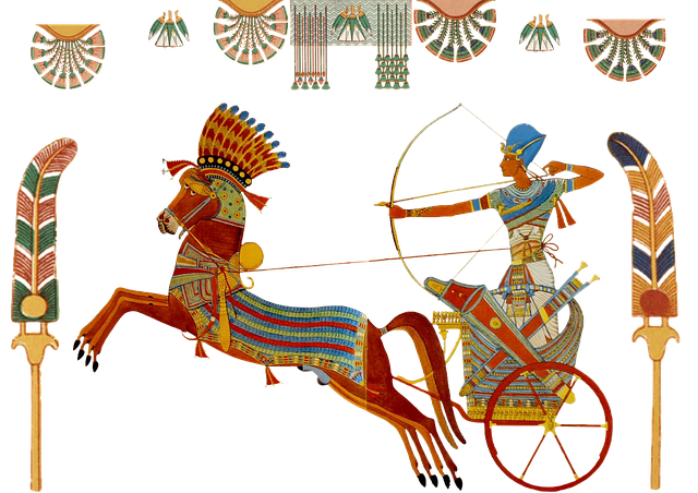 Painting of Pharaoh wielding a bow in chariot pulled by a decorated horse 