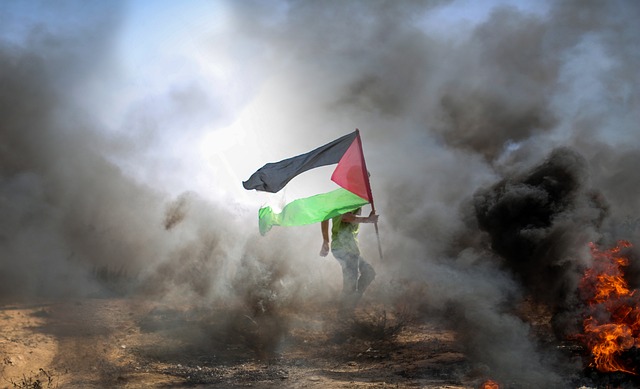 Figure of man holding a Palestinian flag with smoke enveloping the scene