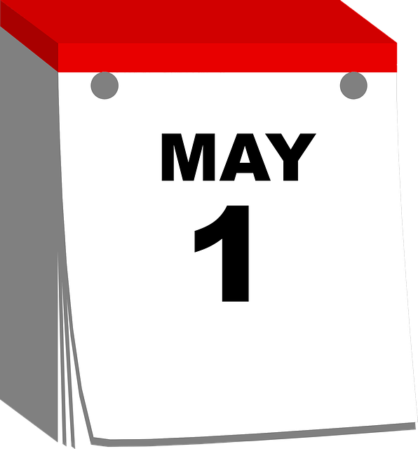 Illustration of a white calendar page showing May 1 in black letters