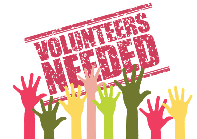 Illustration of different colored hands raised against white background under words "VOLUNTEERS NEEDED"