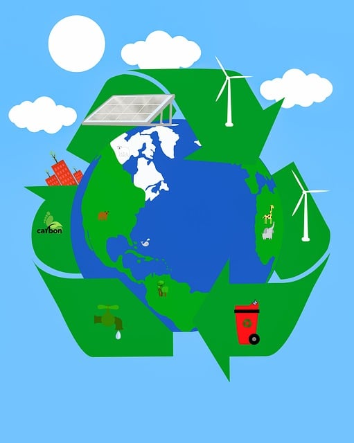 Illustration of the Earth on a light blue background wrapped inside a green recycling symbol