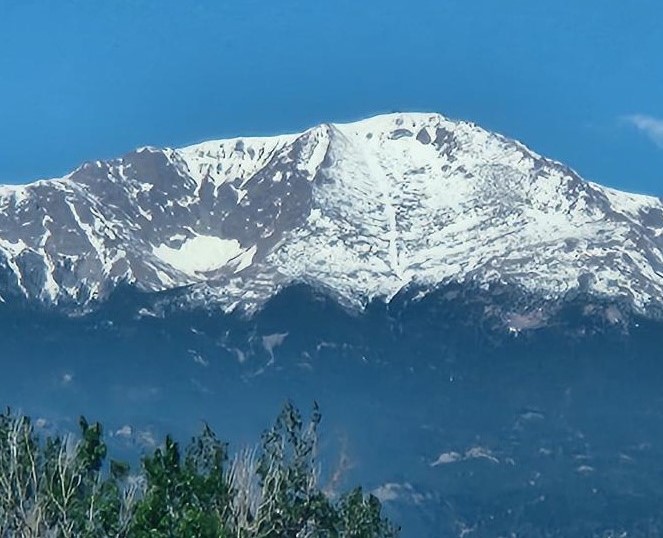 View of snow-capped mountain rising against a blue sky with treetops in the forefront