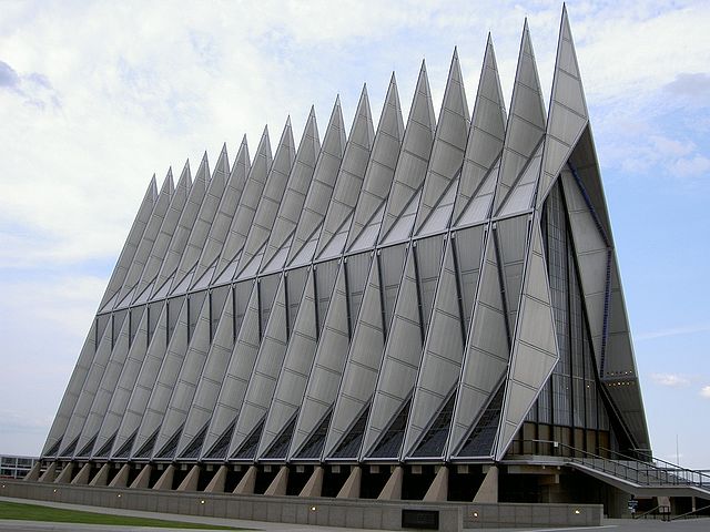 Side view of the USAF Academy Cadet Chapel with its 17 spires pointing skyward