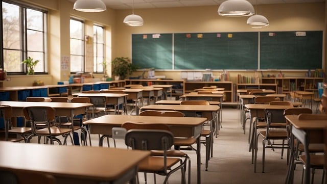 View from the back of an empty school classroom with desks facing a blackboard along the front wall