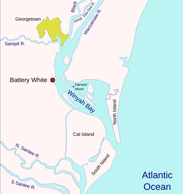 Map showing Georgetown located on Winyah Bay off the Atlantic Coast