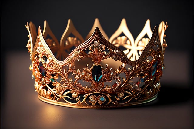 Close up shot of gold crown embedded with jewels sitting on a flat surface