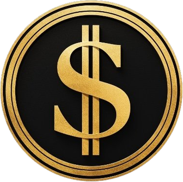 Logo of DOGE on a light background. Gold-rimmed circle with black interior on which a gold dollar sign sits