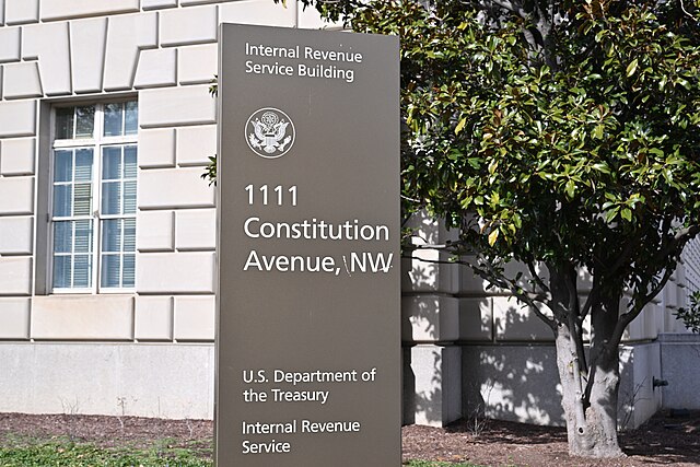 Close up of sign for the Internal Revenue Service Building in Washington, D.C.
