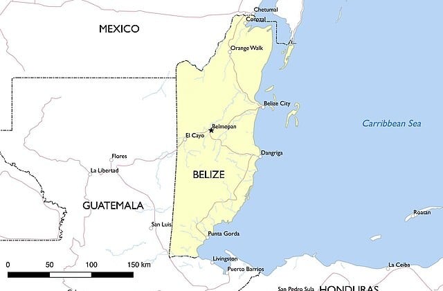 Map showing location of Belize in Central America with Caribbean Sea to the east