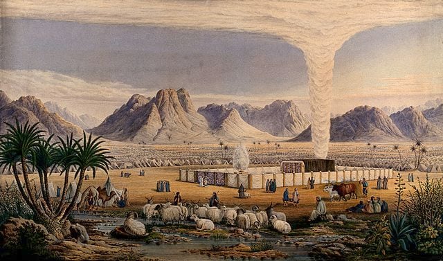 Illustration of Israelites camped in the wilderness with a pillar of cloud before them