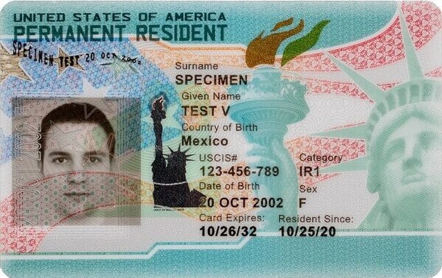 Example of a Permanent Resident Card which is commonly known as a green card