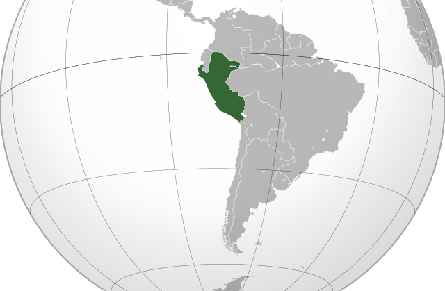 Gray and white map of South America showing Peru in green on its west coast