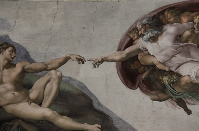 View of a portion of Michelangelo's painting of The Creation of Adam found on the ceiling of the Sistine Chapel