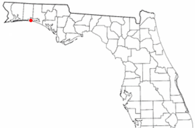Map of Florida showing Destin as a red dot in the Panhandle
