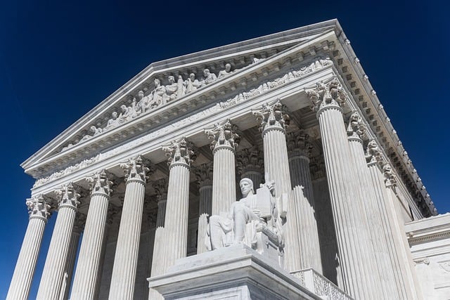 View of front of the US Supreme Court building looking up from the right side facing the building