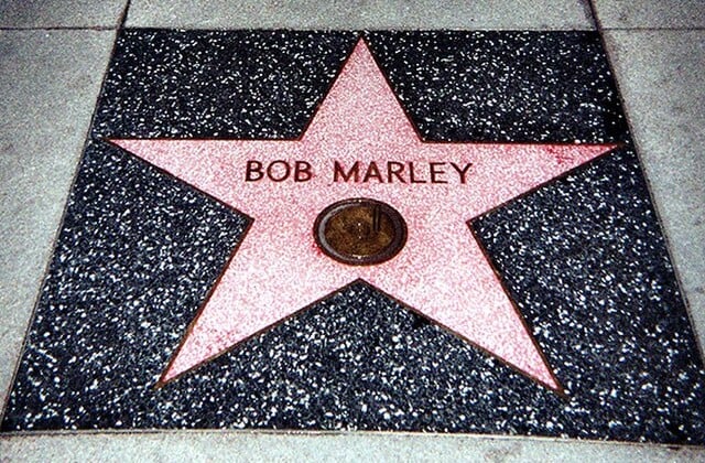 Pink star on Hollywood Walk of Fame with words "Bob" Marley inside