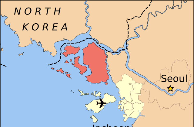 A colored map showing portions of North and South Korea with Ganghwa Island in red the closest in proximity to North Korea