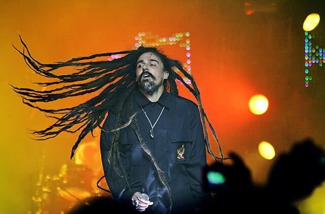 Singer against lighted orange and yellow background swinging his long dreadlocks which reach down his back