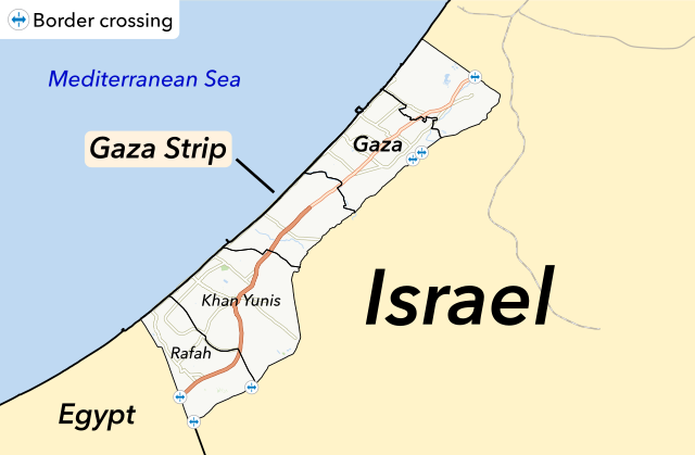 Map showing location of Gaza Strip with Israel bordering it on the north and east, Egypt bordering it to the south, and the Mediterranean Sea to the west