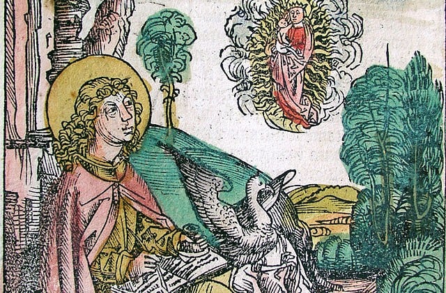 Artistic representation of John looking up in the sky to see a divine being in his vision