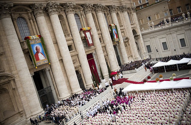 View down on the front of the crowd in St. Peter's Square during the mass for canonization of St. John XXIII and St. John Paul II