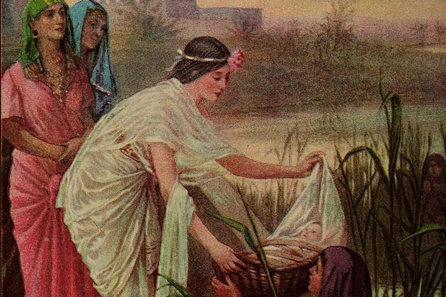 Colored illustraton of Pharaoh's daughter by the Nile bending down to take Moses in a basket