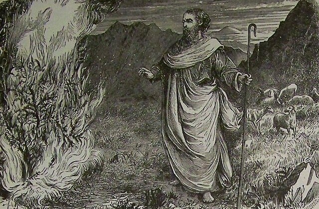 Black and white depiction of Moses as a shepherd standing staff in hand before a burning bush