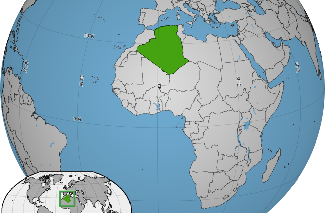Map of Africa showing Algeria {shaded in green) in the northwest bordering the Mediterranean Sea