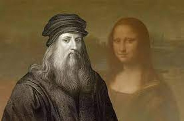 Image of Leonardo da Vinci from chest up on the left with image of his Mona Lisa Smile painting on the right