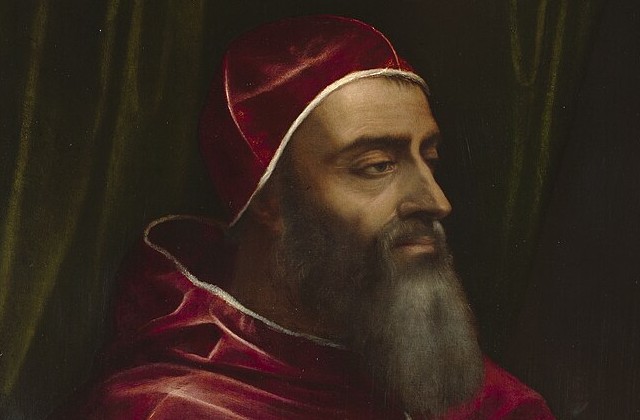 Painting from shoulders up of pope with red fitted cap on head and red robe and long, grayish beard