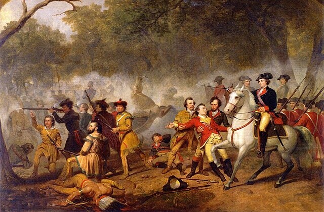 Portraint of a battle scene with George Washington on the right in uniform riding a white horse