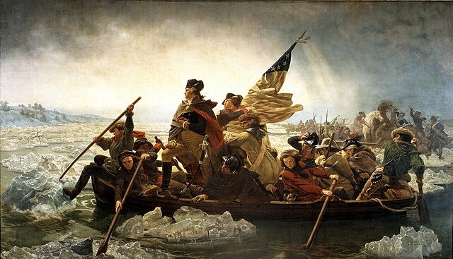 Portraint of Washington and his men crossing the Delaware in a boat with Washington standing
