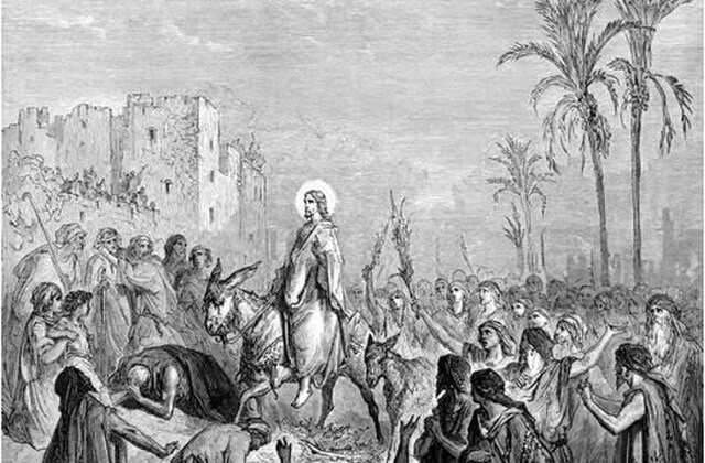 Black and white artistic rendering of Jesus riding into Jerusalem surrounded by a crowd, some waving palm branches, with palm trees in the background.