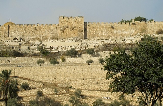 View of the ancient walls of Jerusalem with trees and bushes in the foreground