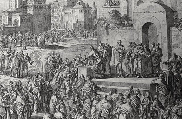 Black and white illustration of Peter preaching outdoors in Jerusalem to the crowds