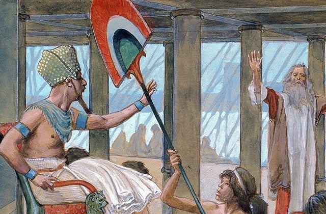 Color illustration of Moses in long robe appearing before Pharoah seated on a throne with a beard and large headdress attended by various servants