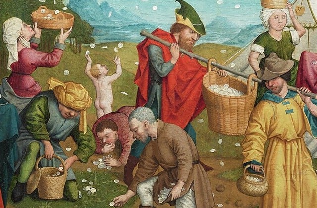 Painting of the Israelites collecting manna off the ground with one man in a red cloak holding a giant basket filled with manna.