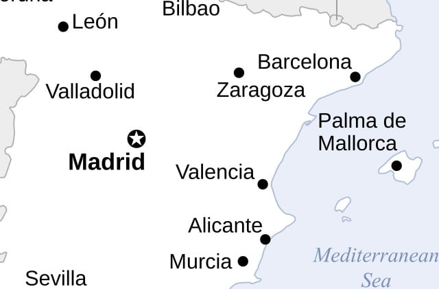 White map of Spain showing cities in black letters, and Barcelona in the northeast on the Mediterranean.